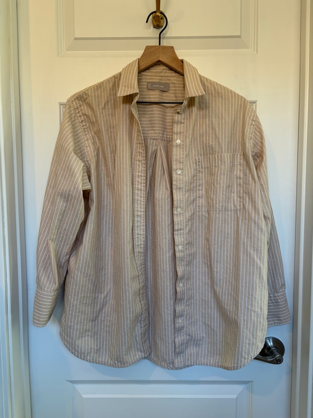 Everlane Beige and White Striped Button-Down Shirt